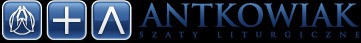 Logo firmy Antkowiak, specjalizującej się w szatach liturgicznych, z trzema ikonicznymi symbolami w niebieskich kwadratach.