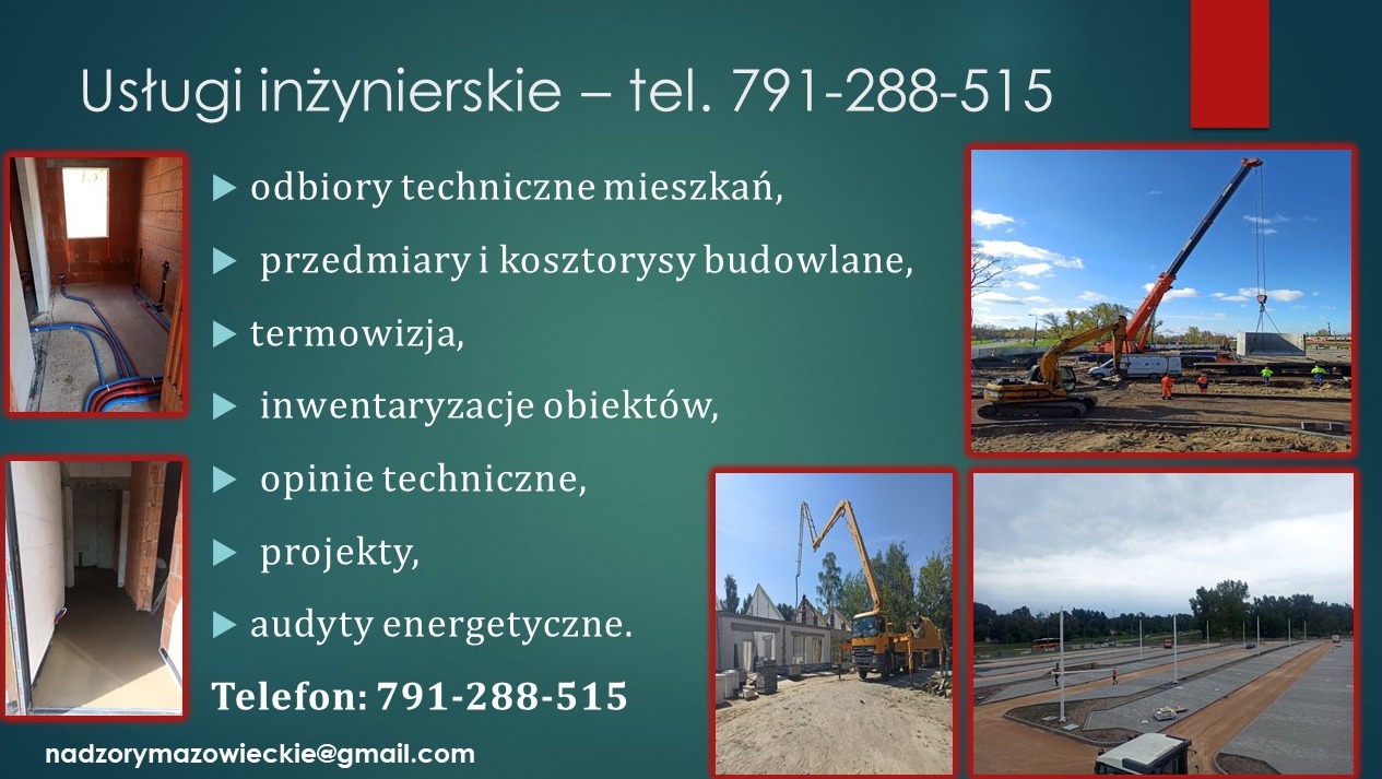 Slajd prezentujący usługi inżynierskie z numerem telefonu i adresem email, zawierający zdjęcia: instalacja wodna w surowym wnętrzu, budowa mostu z użyciem dźwigu, wylewanie betonu, budowa parkingu.