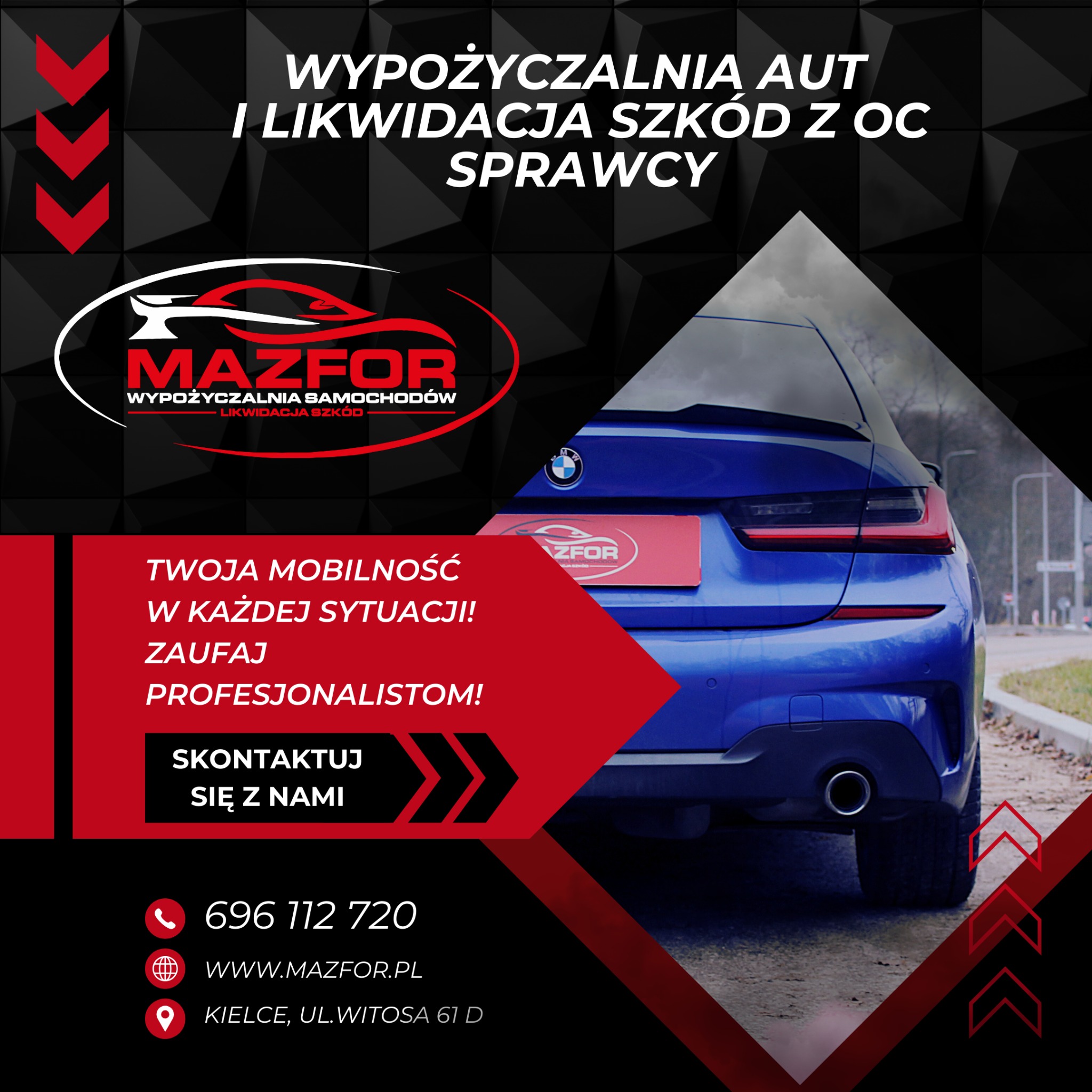 Reklama firmy oferującej wynajem aut i likwidację szkód, z widocznym fragmentem tylnej części niebieskiego samochodu osobowego.