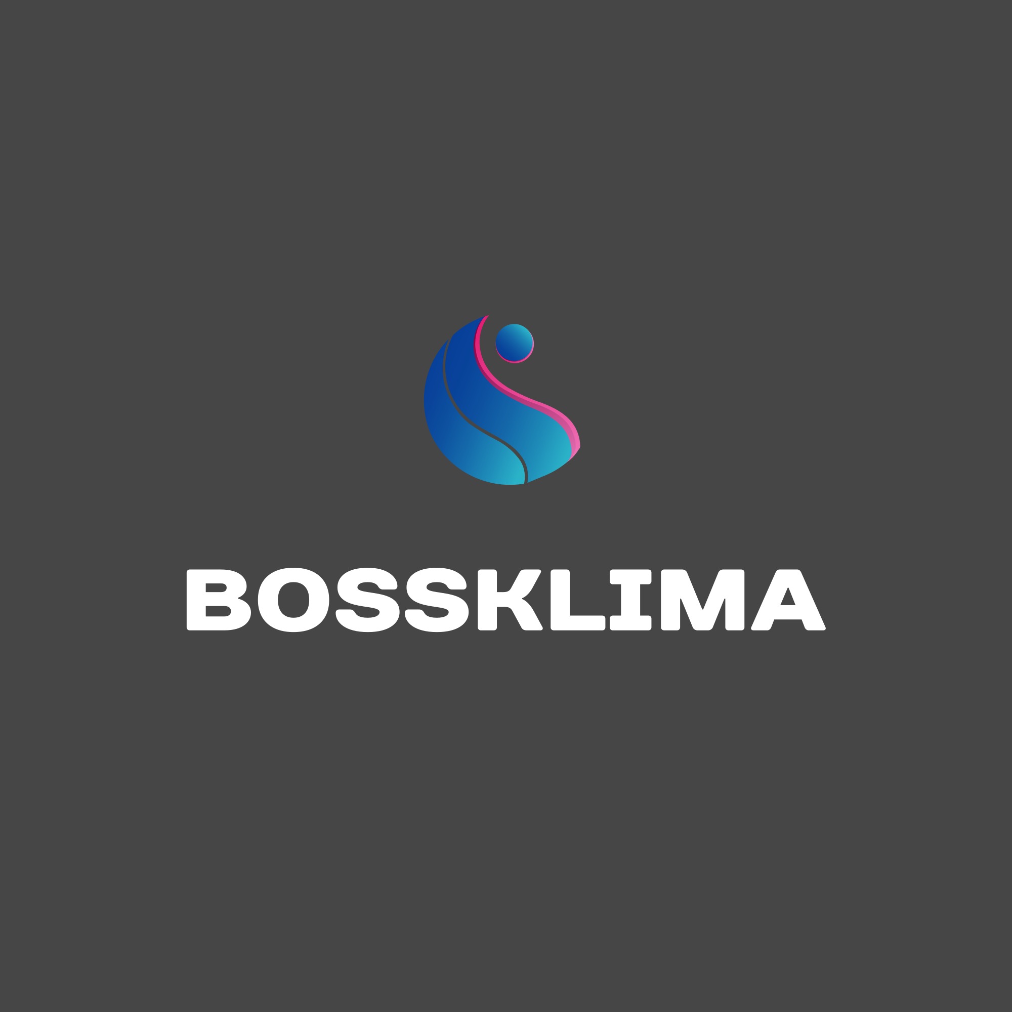 Logo firmy BOSSKLIMA z gradientowym symbolem przypominającym kroplę w kolorach niebieskim i różowym na szarym tle.