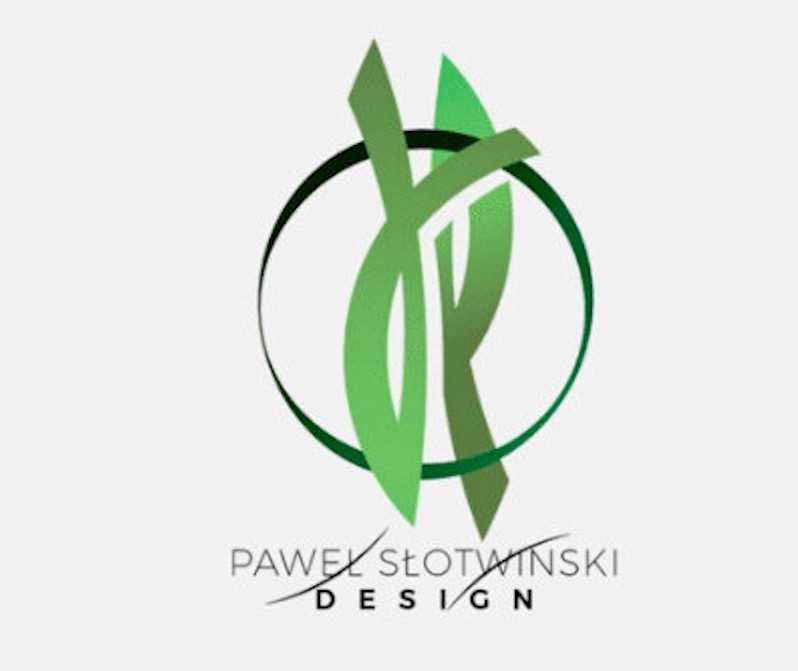 Zielony, abstrakcyjny logotyp z inicjałami i okręgiem, podpisany 'Paweł Słotwiński DESIGN'.