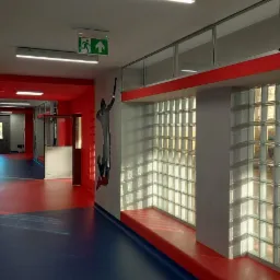 Korytarz w budynku biurowym z czerwonymi akcentami, ścianą z luksferów i grafiką sportowca na ścianie.