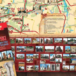Mapa turystyczna Szlaku Piastowskiego z zaznaczonymi zabytkami i atrakcjami, obok folder reklamowy z miniaturami zdjęć.