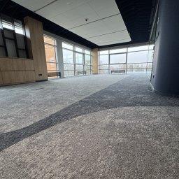 IWONA MAŁGORZATA CHMIELEWSKA PROFIT LINE - Duża, pusta przestrzeń biurowa z szarą wykładziną dywanową w neutralnym wzorze, widok z niskiej perspektywy, duże okna z widokiem na zewnątrz, minimalistyczne wnętrze.