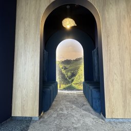 IWONA MAŁGORZATA CHMIELEWSKA PROFIT LINE - Korytarz z wykładziną dywanową w odcieniach szarości, obudowany panelami drewnopodobnymi i ciemnoniebieskimi ścianami, z łukowym przejściem z tapetą przedstawiającą toskański krajobraz winnic.