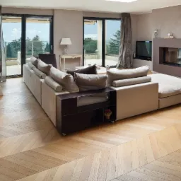 Salon z podłogą ułożoną w jodełkę francuską, beżowa sofa modułowa i widok na taras.