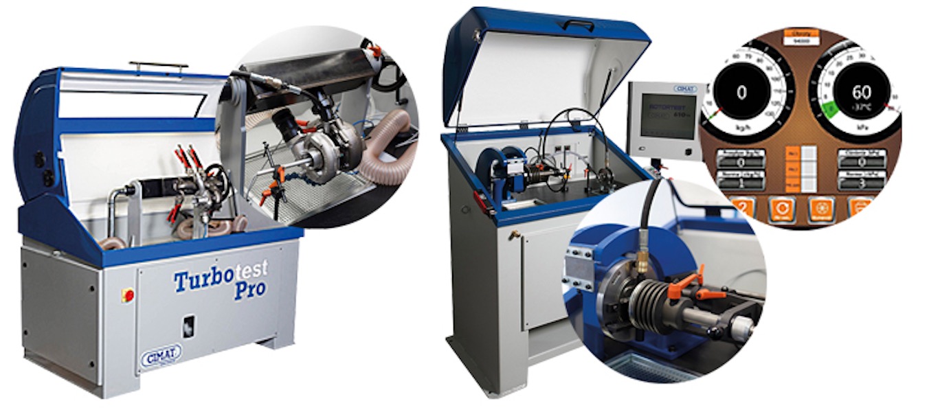 Dwa stanowiska do testowania turbosprężarek: jedno z zamontowaną turbosprężarką, drugie z elementem do testowania, oba z wyświetlaczami pokazującymi parametry pracy.