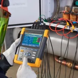 Elektryk w ochronnej osłonie twarzy, mierzy parametry instalacji elektrycznej za pomocą miernika cyfrowego Fluke, podłączonego do transformatorów prądowych.