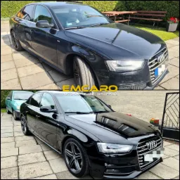 Czarne Audi A4 przed i po zabiegu detailingowym, widoczne różnice w połysku lakieru i czystości. Górna część zdjęcia przedstawia samochód przed, a dolna po zabiegu.