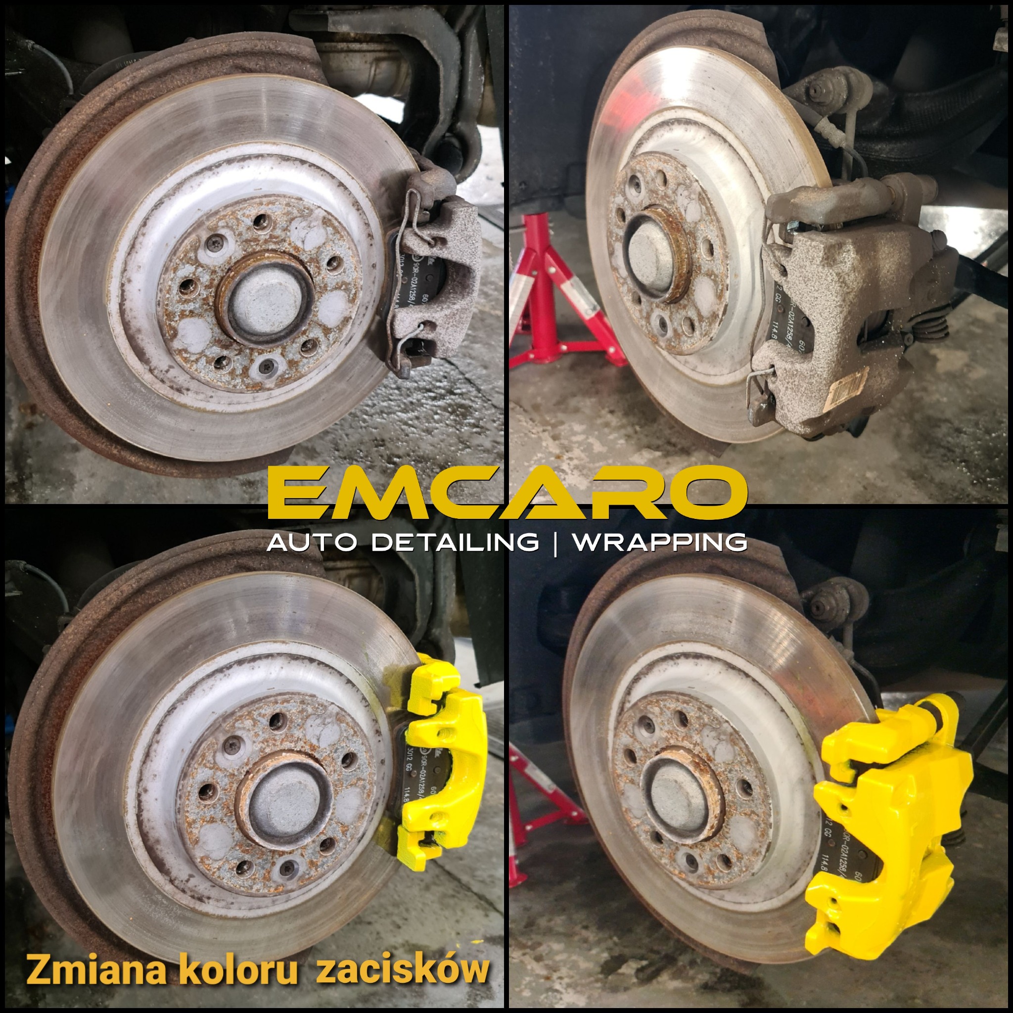 Cztery ujęcia tarczy hamulcowej z zaciskiem: przed i po malowaniu na żółto. Widoczny podnośnik samochodowy.
