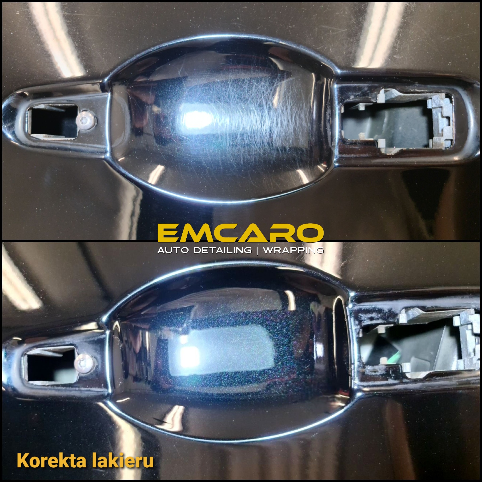 Korekta lakieru na czarnym samochodzie: porównanie stanu klamki przed i po polerowaniu, widoczne usunięte rysy i hologramy.