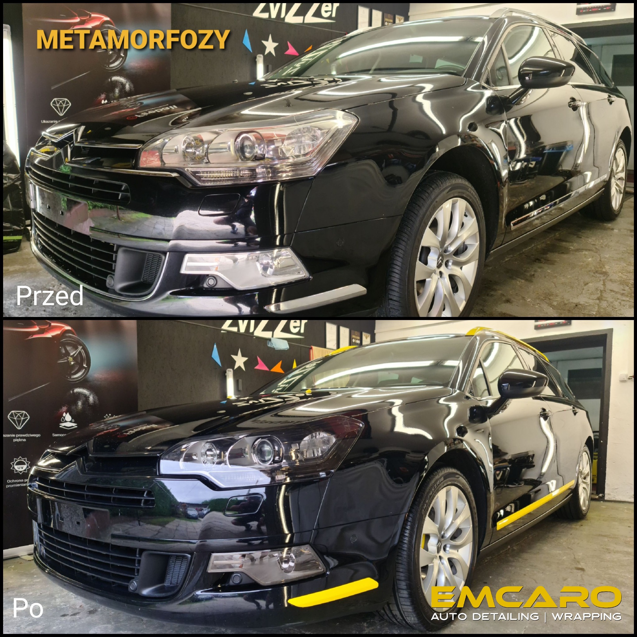 Czarny samochód kombi Citroen przed i po oklejeniu folią, widoczne żółte akcenty na progach i relingach dachowych w dolnej części zdjęcia, w górnej części widoczny stan przed oklejeniem.