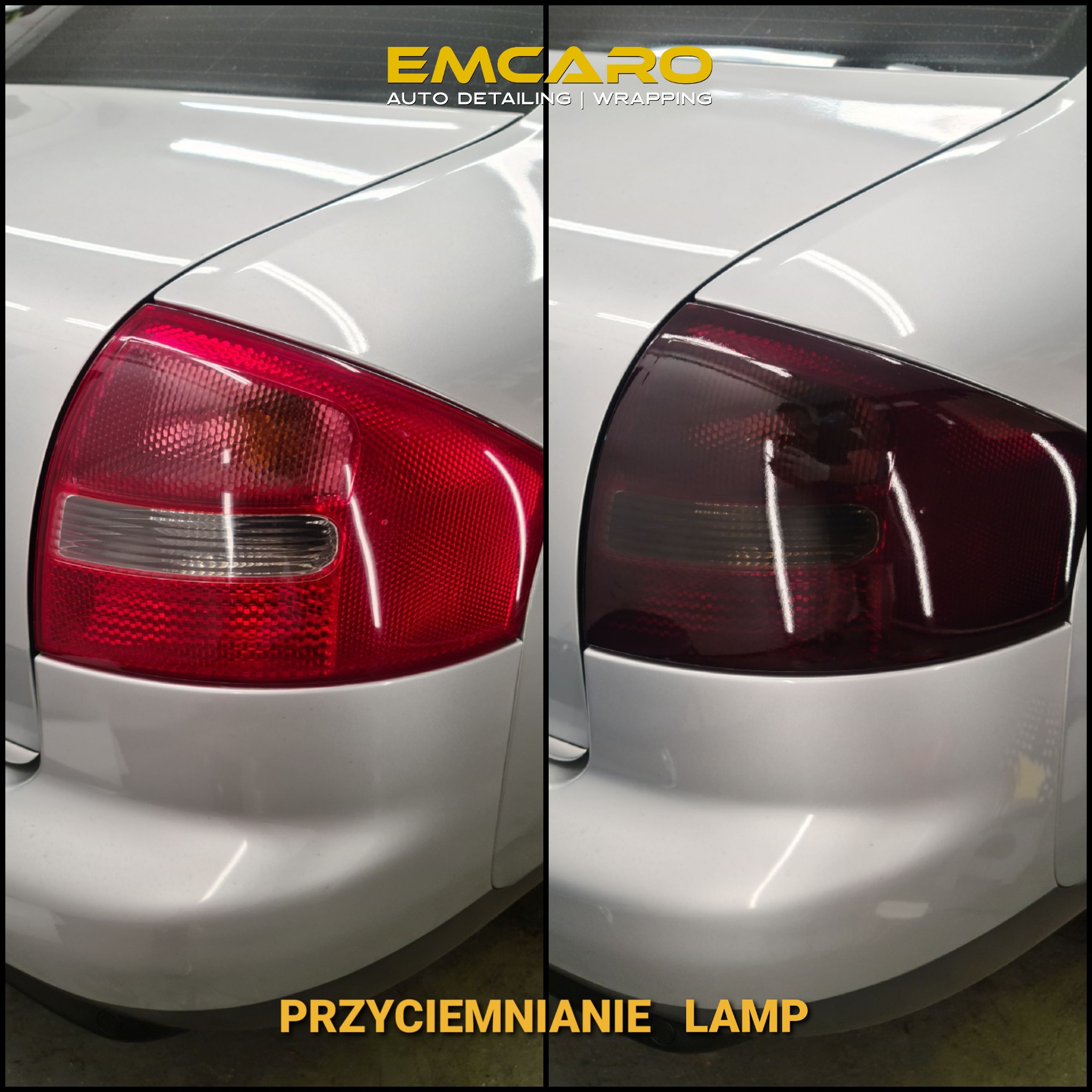 Porównanie tylnych lamp samochodu przed i po przyciemnieniu folią, widoczna różnica w odcieniu czerwieni i stopniu przepuszczalności światła.