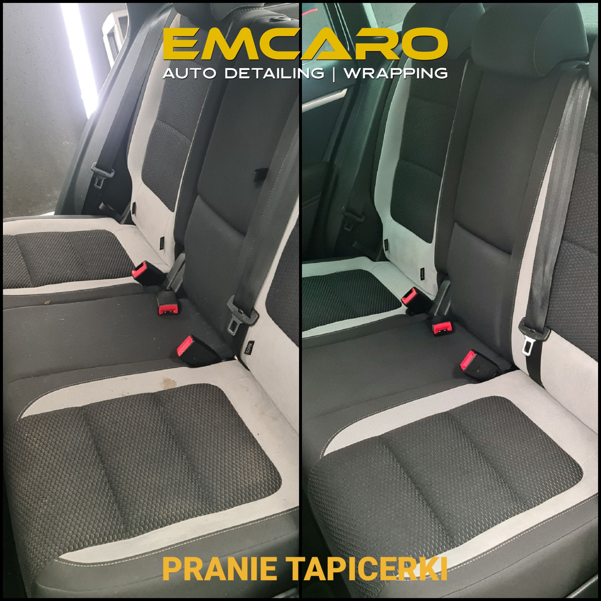 Porównanie tylnej kanapy samochodowej przed i po czyszczeniu, widoczne różnice w czystości tapicerki.