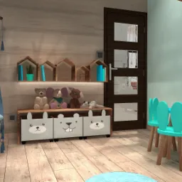 Pokój dziecięcy z drewnianymi meblami, wiszącym fotelem z frędzlami, półkami w kształcie domków, pluszakami i turkusowym stolikiem z krzesłami.