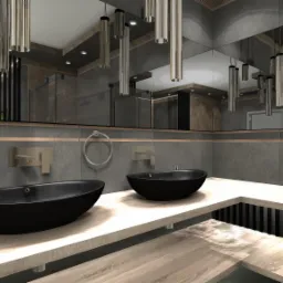 Nowoczesna łazienka z dwoma czarnymi umywalkami nablatowymi, drewnianym blatem z ukrytymi pionowymi podporami, szarą okładziną ścienną i dużym lustrem odbijającym wiszące lampy tubowe.