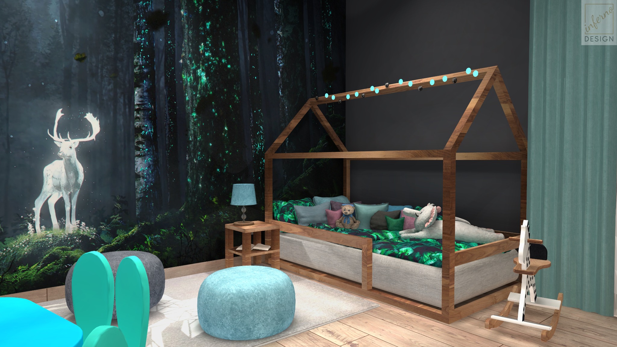 Pokój dziecięcy z łóżkiem w kształcie domku, leśną tapetą z jeleniem, turkusowymi pufami i drewnianą podłogą.