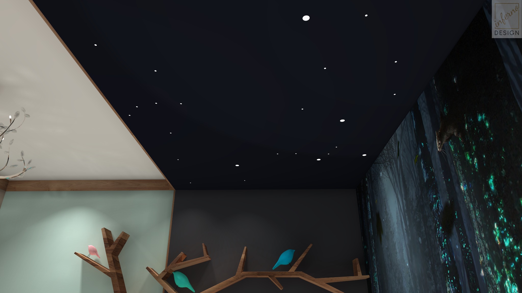 Pokój dziecięcy z sufitem imitującym nocne niebo z punktowymi światłami, drzewkami-półkami z kolorowymi ptaszkami i fototapetą leśną z wiewiórką.