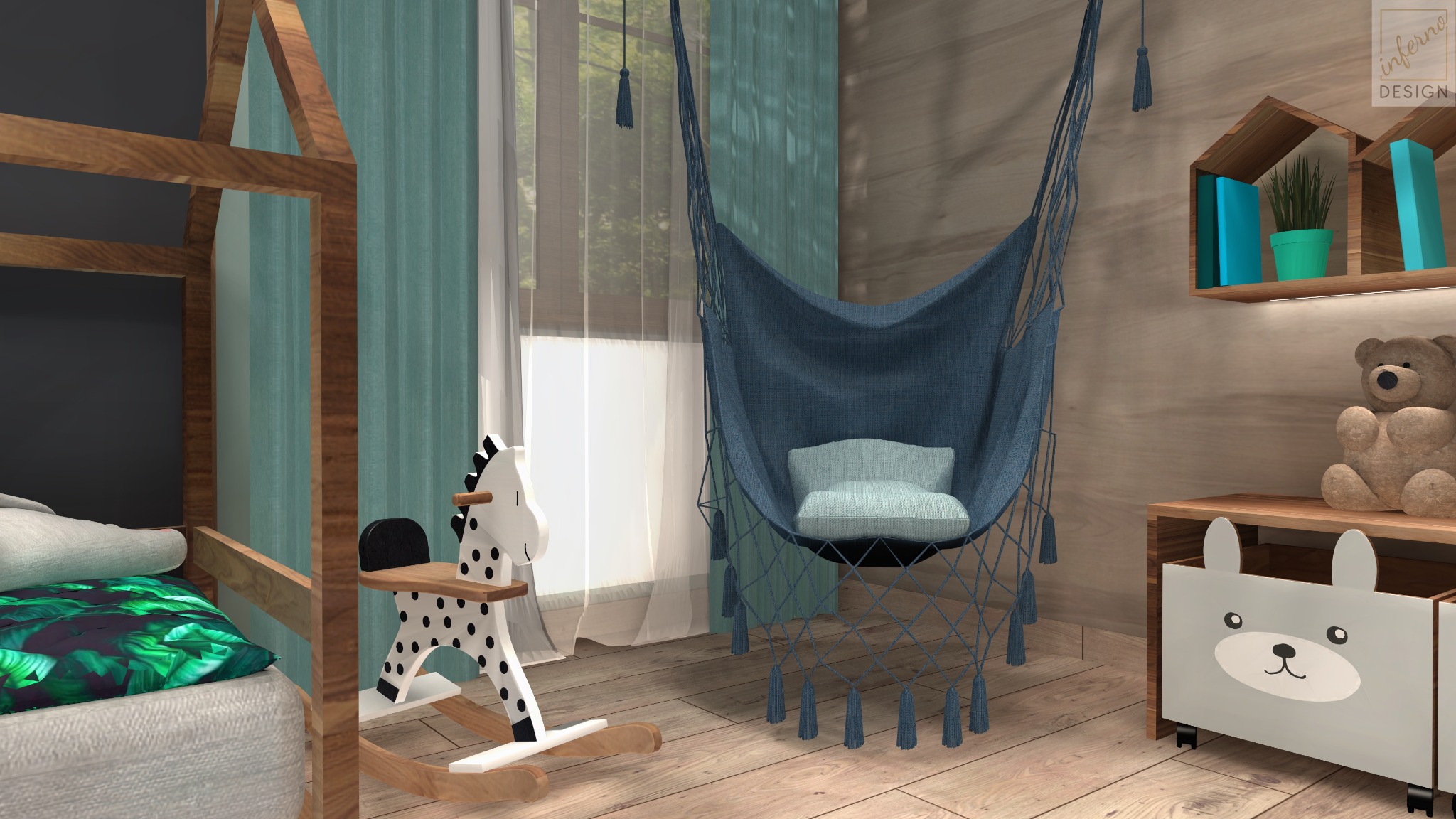 Wizualizacja pokoju dziecięcego z drewnianym łóżkiem w kształcie domku, huśtawką hamakową z frędzlami, drewnianym konikiem na biegunach i szafką z motywem króliczka.