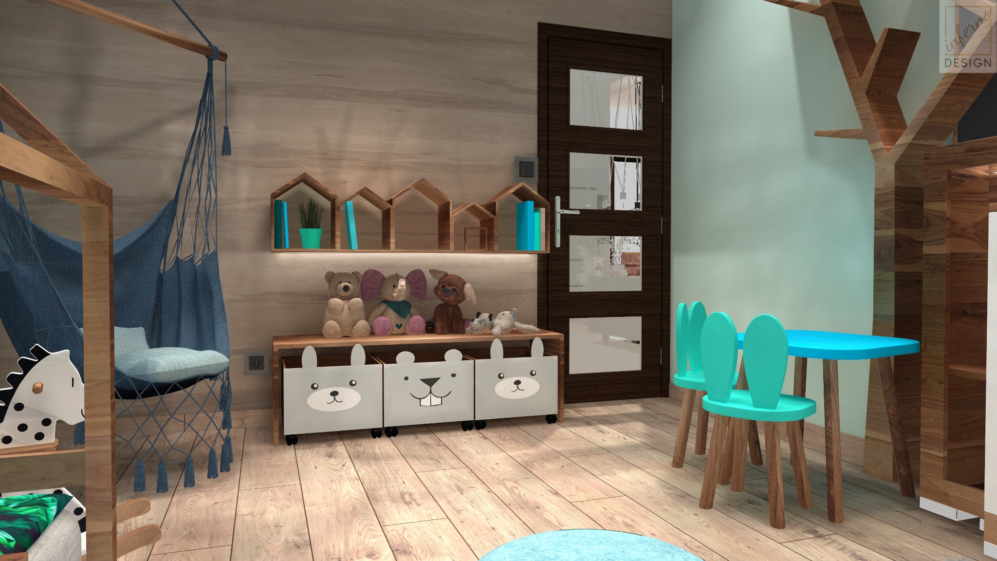 Pokój dziecięcy z drewnianymi meblami, wiszącym fotelem z frędzlami, półkami w kształcie domków, pluszakami i turkusowym stolikiem z krzesłami.