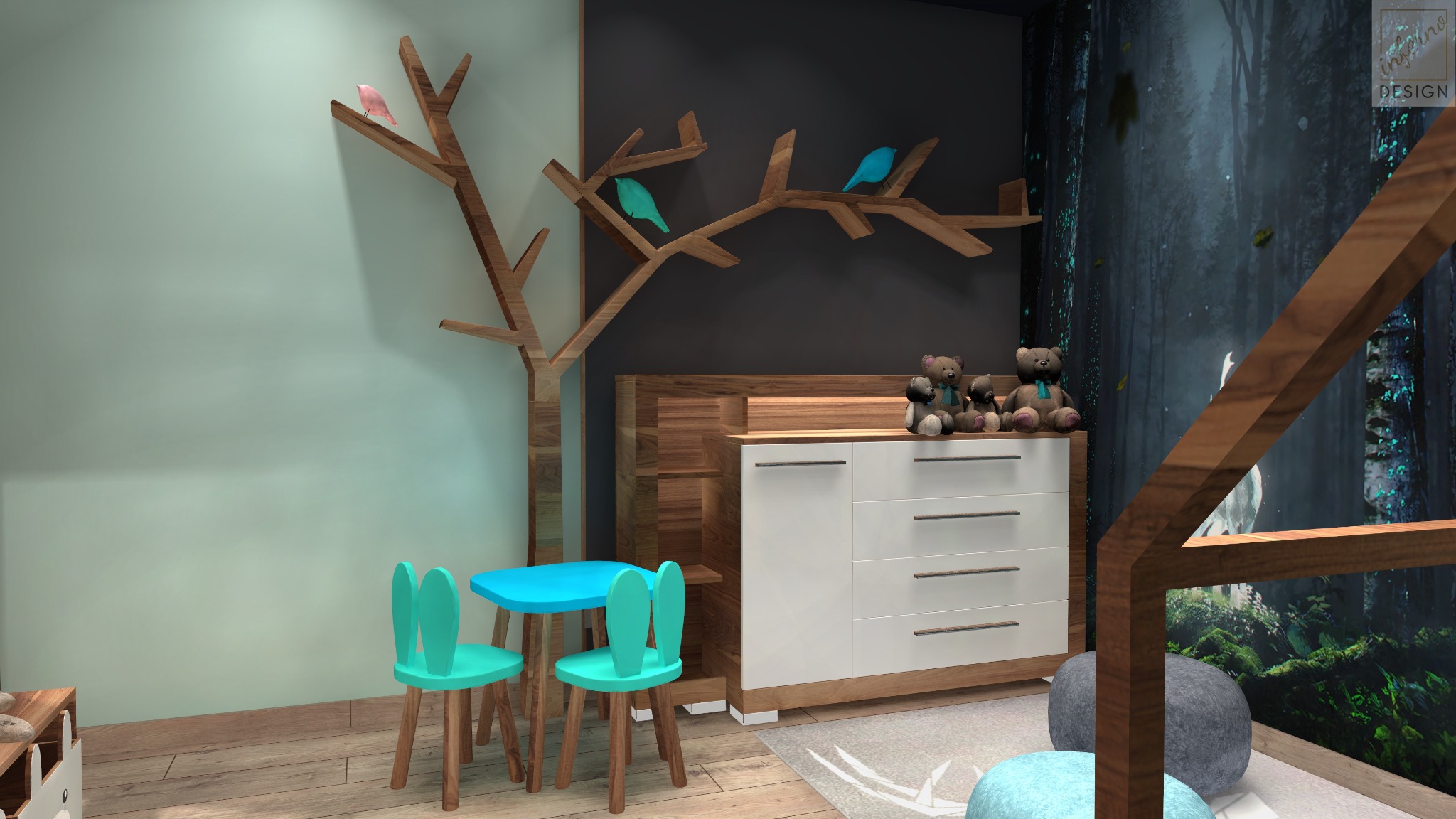 Pokój dziecięcy z drewnianym drzewem-wieszakiem na ścianie, turkusowym stolikiem i krzesełkami z uszami królika, białą komodą z pluszakami i fototapetą z motywem leśnym.