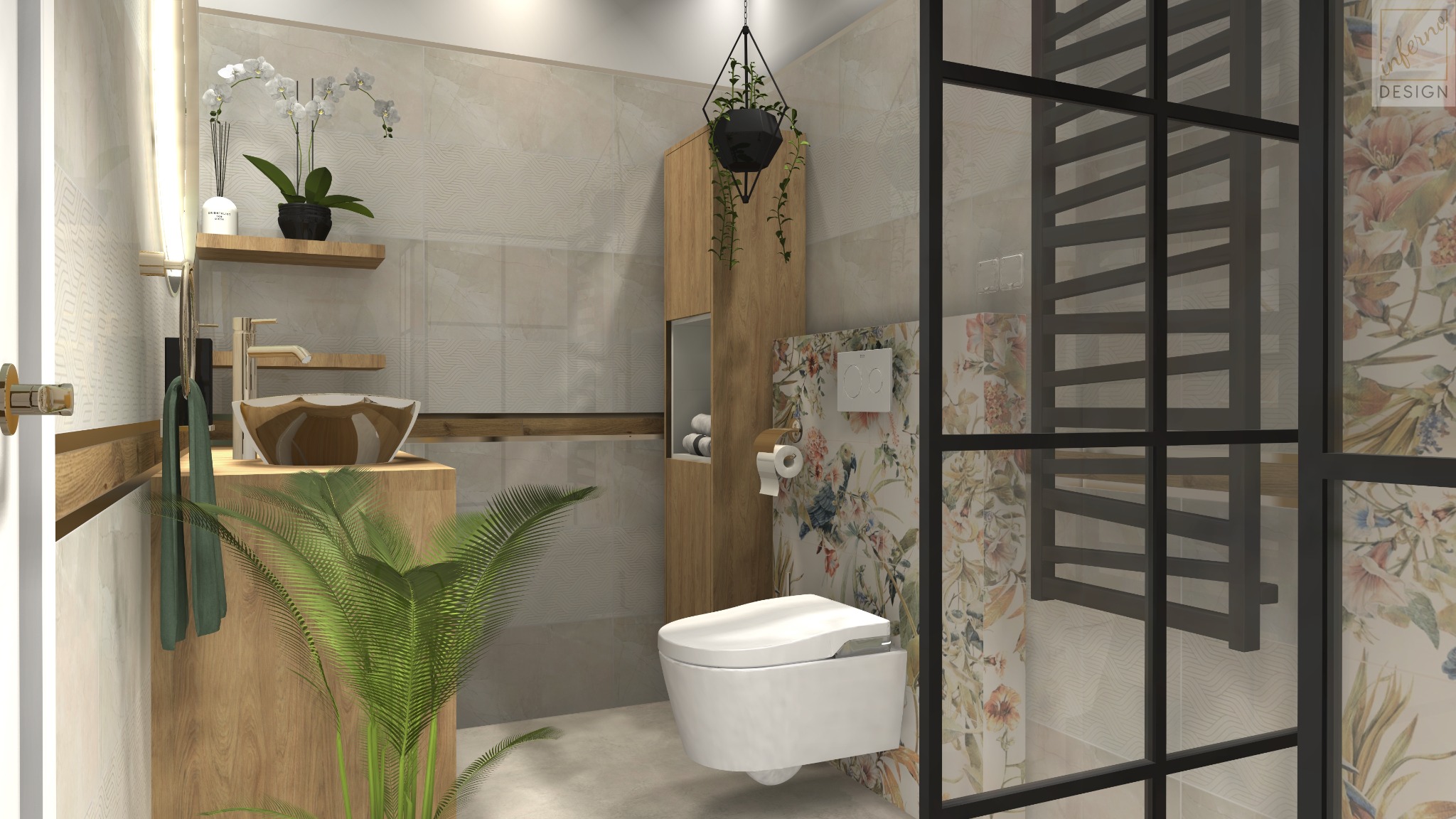 Wizualizacja łazienki z drewnianymi akcentami, umywalką w kształcie misy, wiszącą rośliną i toaletą z panelem na ścianie w kwiatowy wzór, całość oddzielona czarną, przeszkloną ścianką.