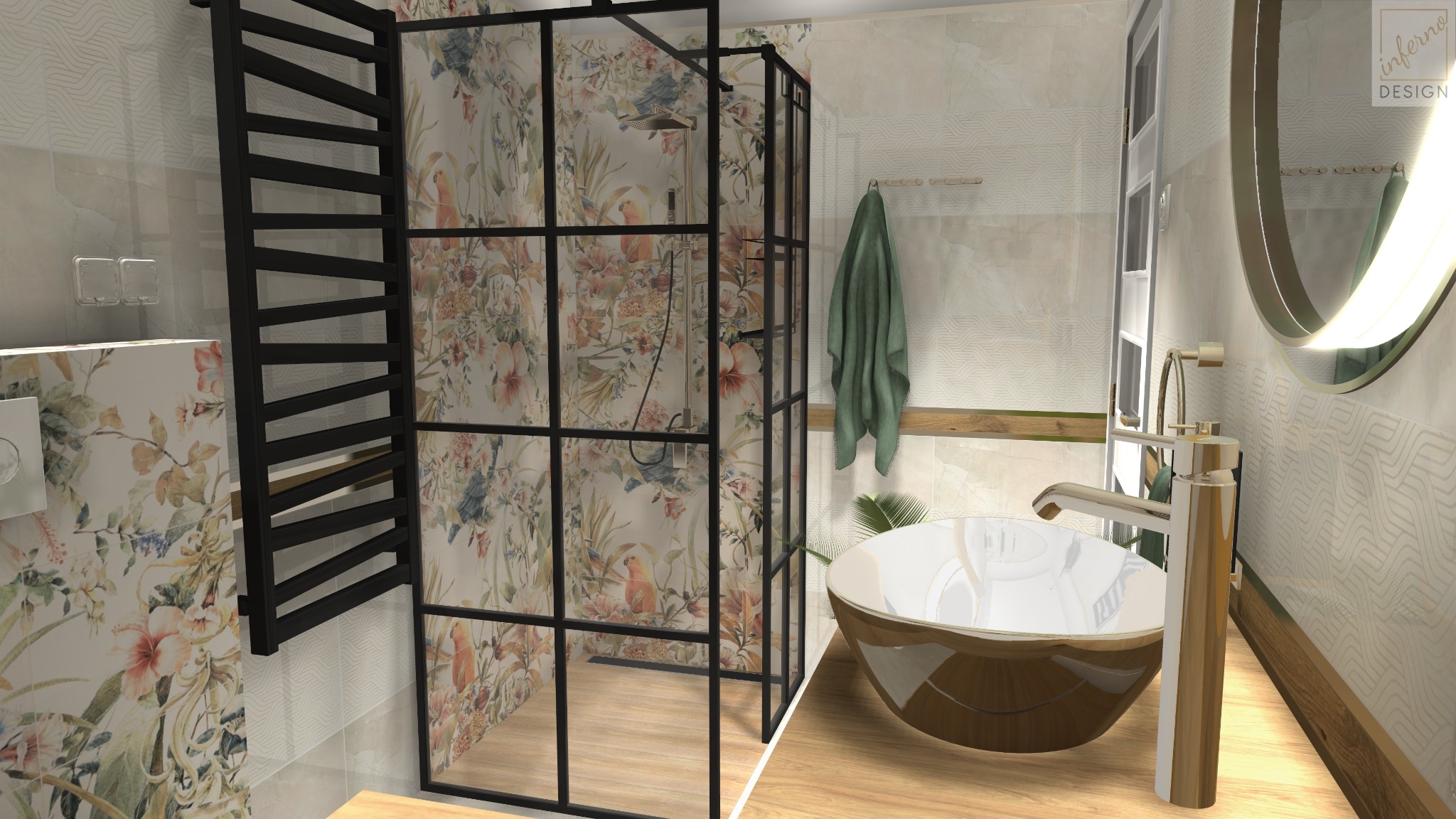Wizualizacja łazienki z kabiną prysznicową typu walk-in z czarnymi profilami, umywalką nablatową w kolorze złota i białego oraz grzejnikiem drabinkowym, całość w kwiatowe wzory.