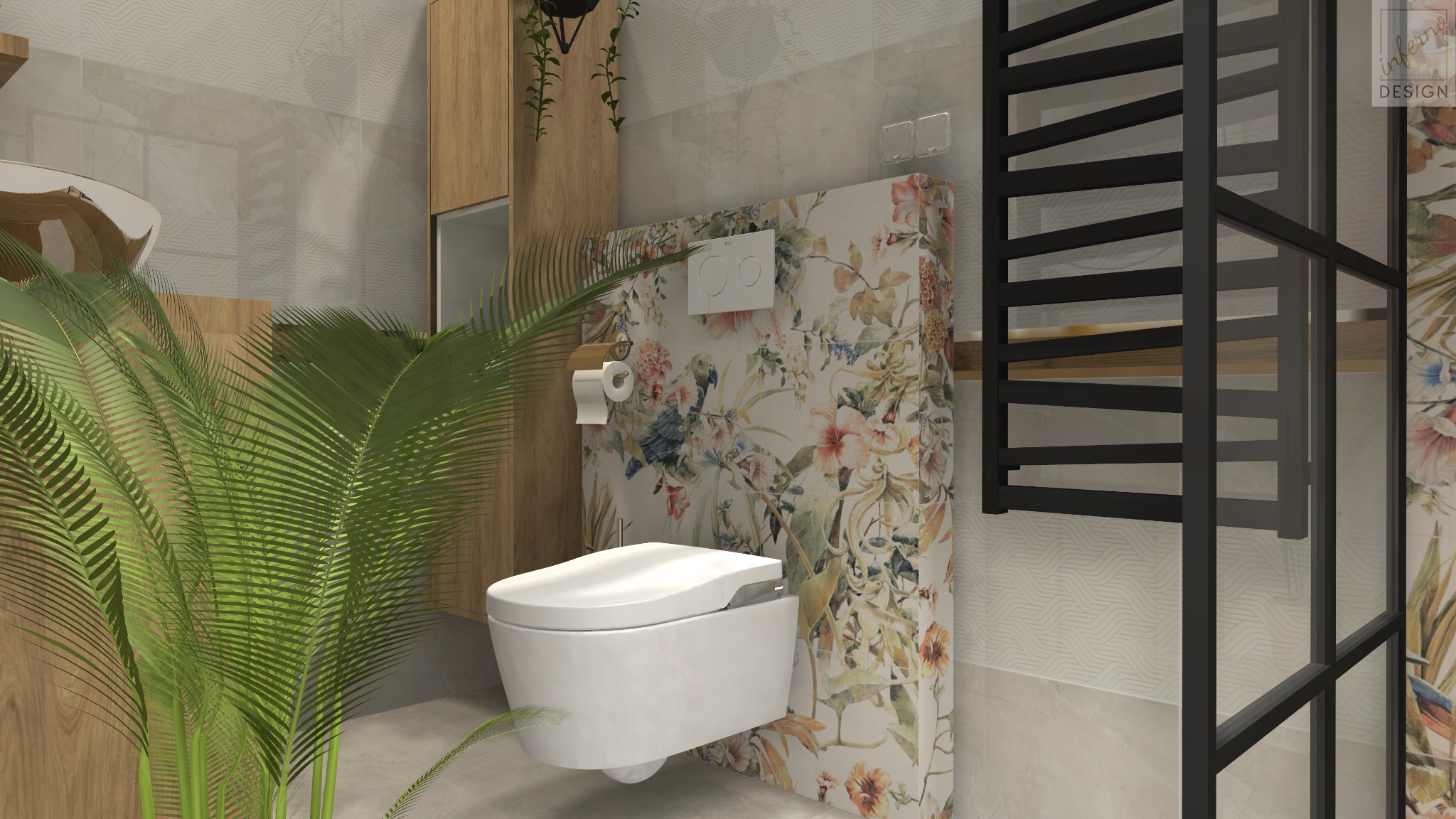 Nowoczesna toaleta podwieszana z ukrytym zbiornikiem, obudowana płytkami w kwiatowe wzory, obok czarny grzejnik drabinkowy i zielona roślina doniczkowa.