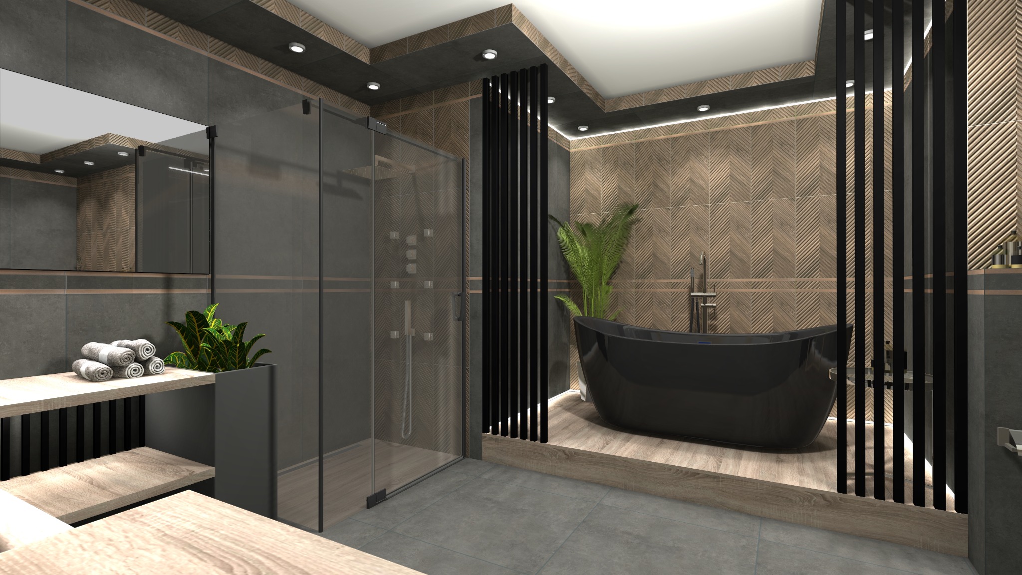 Nowoczesna łazienka z czarną wanną wolnostojącą, kabiną prysznicową ze szklanymi drzwiami i drewnopodobnymi płytkami ułożonymi w jodełkę na ścianach, uzupełniona roślinami doniczkowymi...