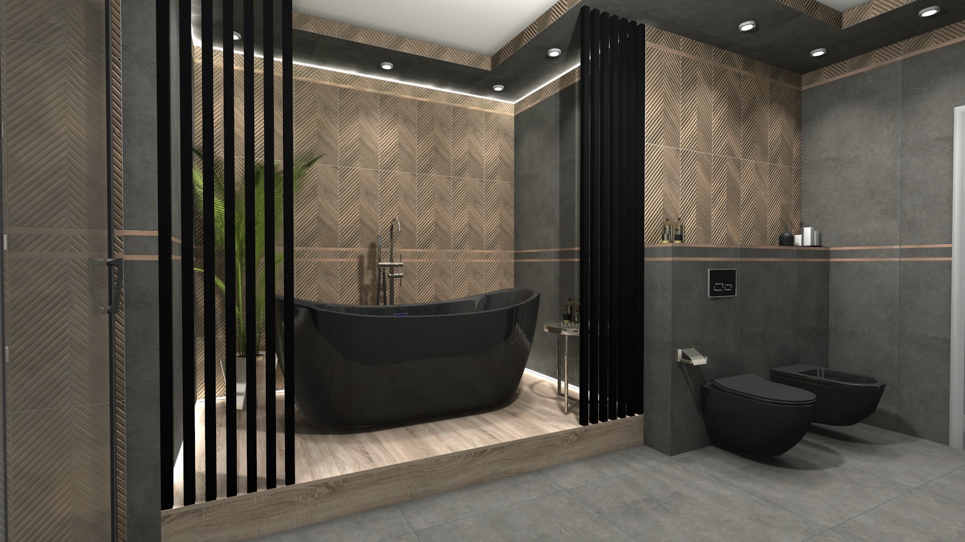 Nowoczesna łazienka z czarną wanną wolnostojącą na podwyższeniu z drewnopodobnych paneli, dekoracyjna ściana z wzorem jodełki i czarna armatura.