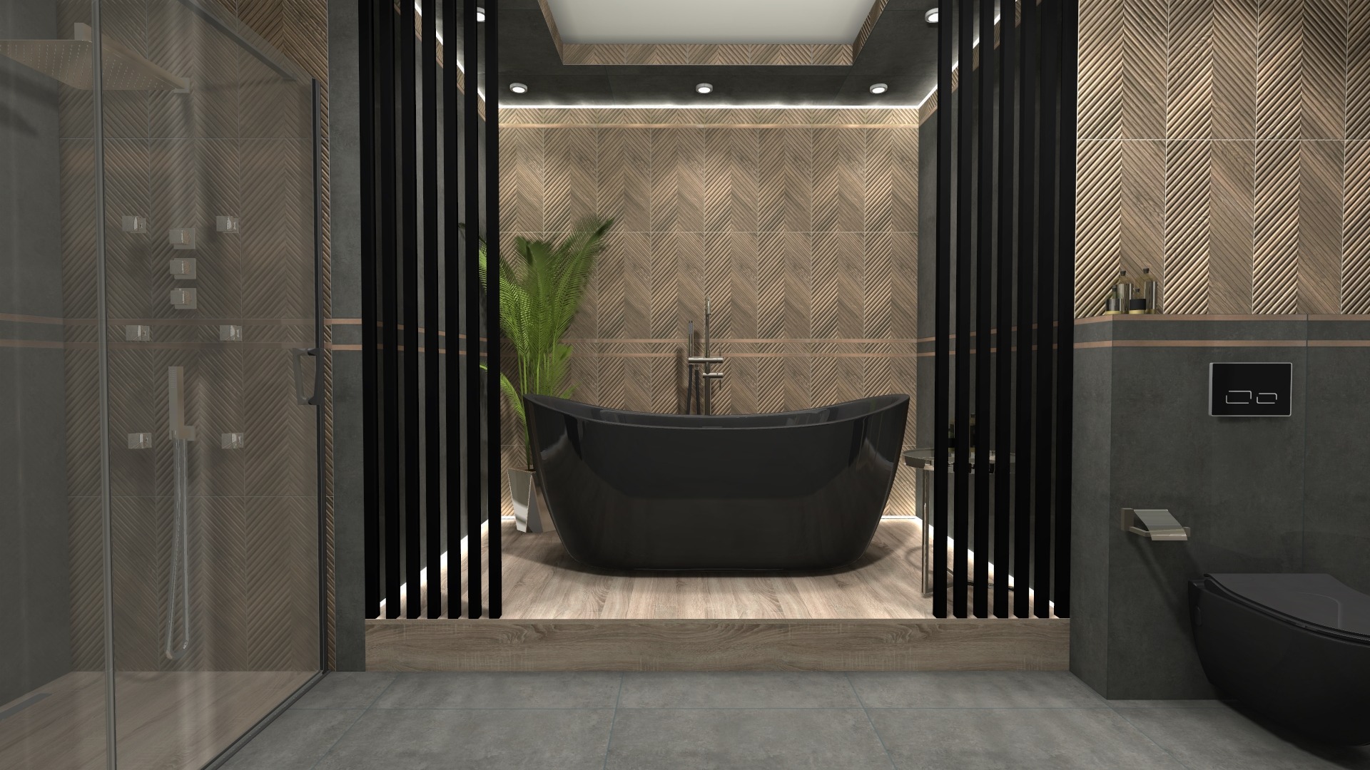 Elegancka łazienka w odcieniach szarości i brązu z czarną wanną wolnostojącą i kabiną prysznicową ze szklanymi drzwiami, ozdobne panele pionowe, płytki z geometrycznym wzorem jodełki na ścianach.