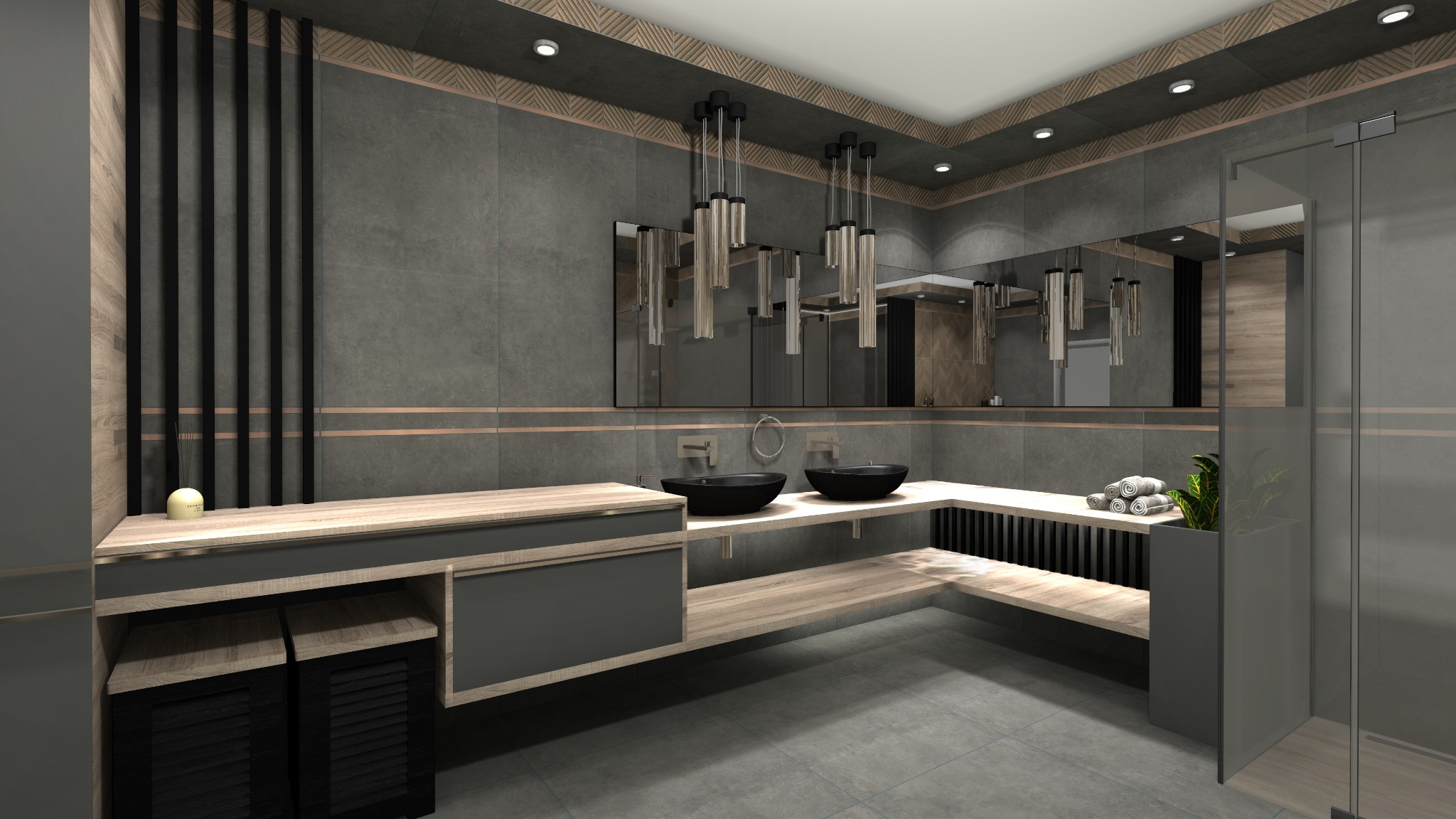 Nowoczesna łazienka z szarymi płytkami, drewnianymi akcentami i czarnymi umywalkami nablatowymi, oświetlona wiszącymi lampami w metalowych obudowach, z dekoracyjnymi pionowymi listwami i rośliną...