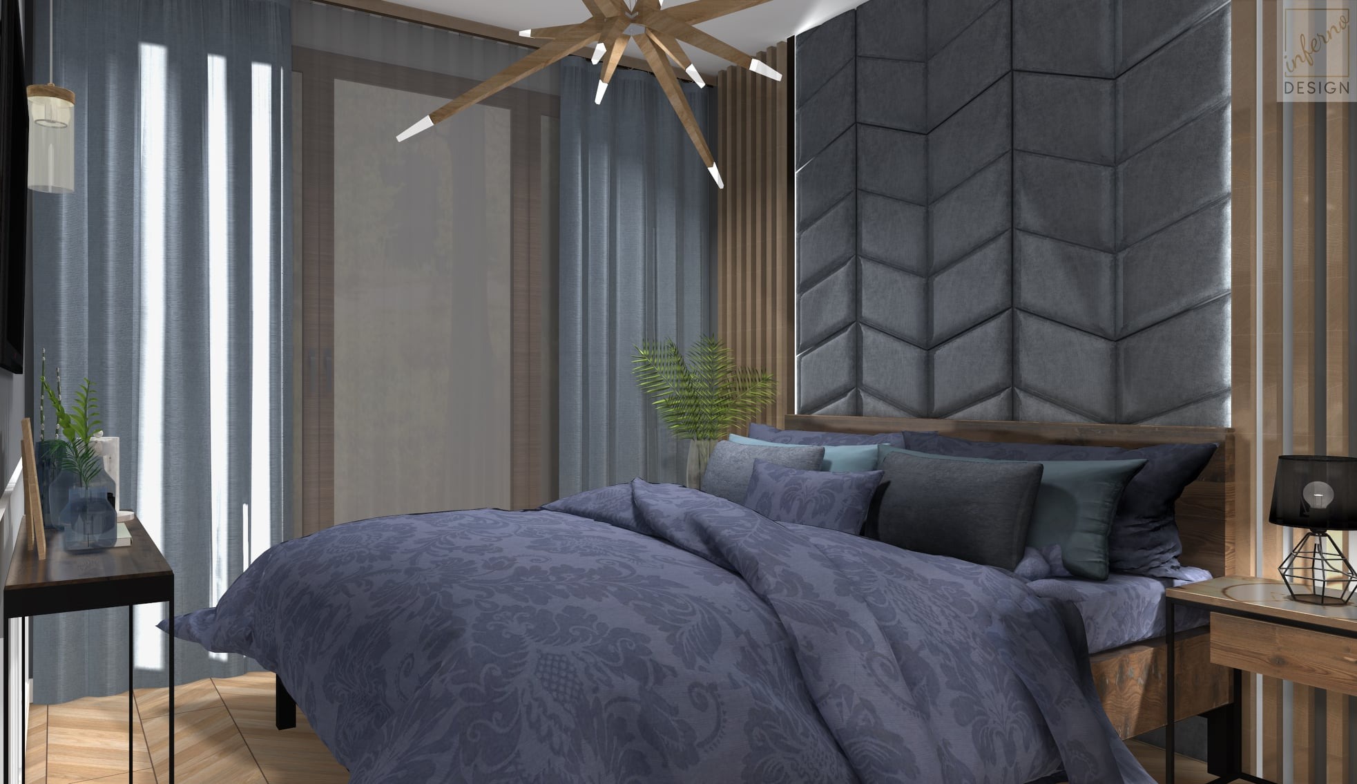 Nowoczesna sypialnia z łóżkiem w niebieskiej pościeli w kwiatowy wzór, dekoracyjną ścianą z paneli tapicerowanych ułożonych w jodełkę, drewnianymi lamelami, oryginalną lampą sufitową i stolikiem...