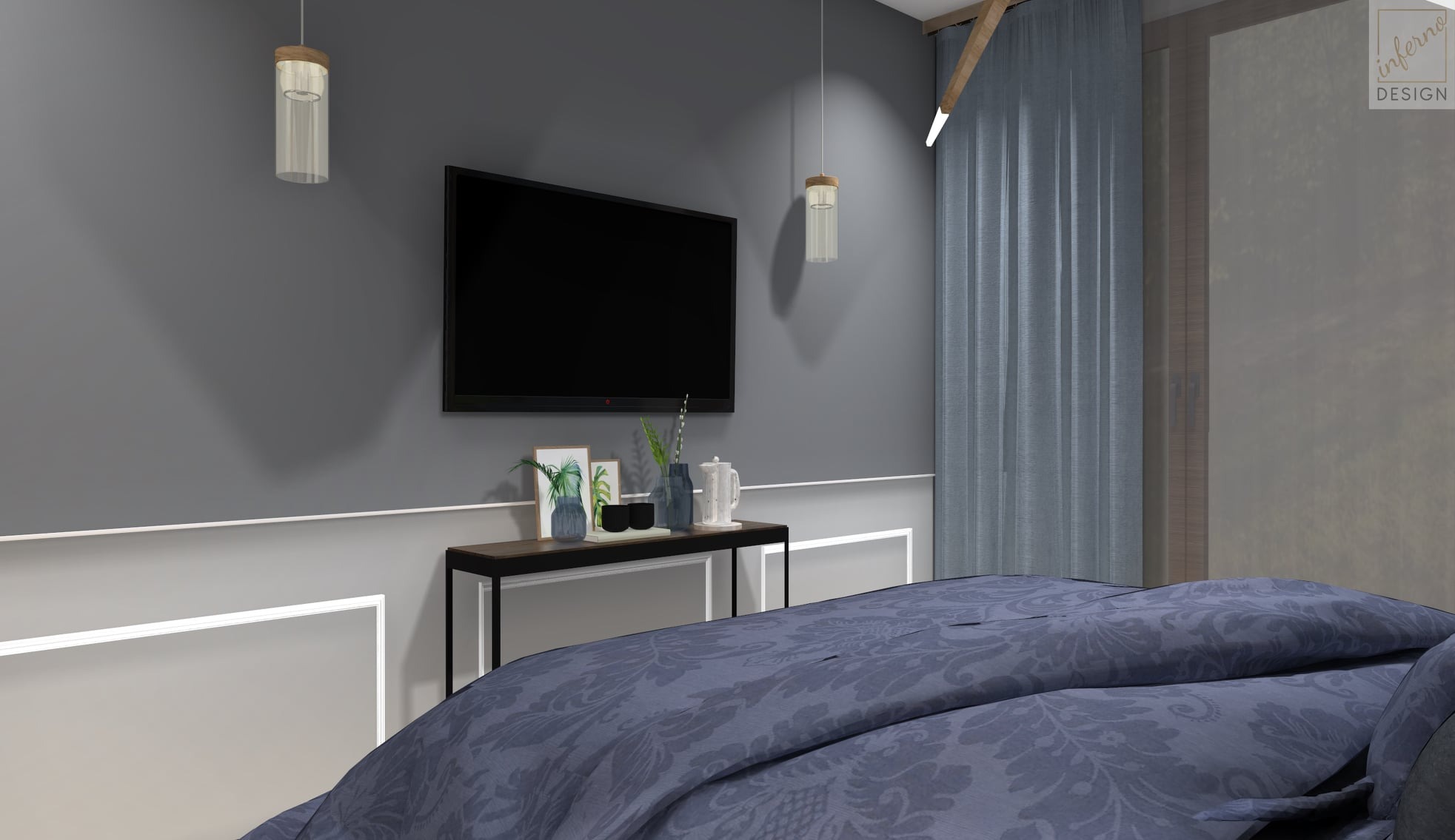 Wizualizacja sypialni z szarą ścianą, telewizorem, konsolą z dekoracjami, zasłonami i łóżkiem z wzorzystą pościelą w odcieniach niebieskiego.