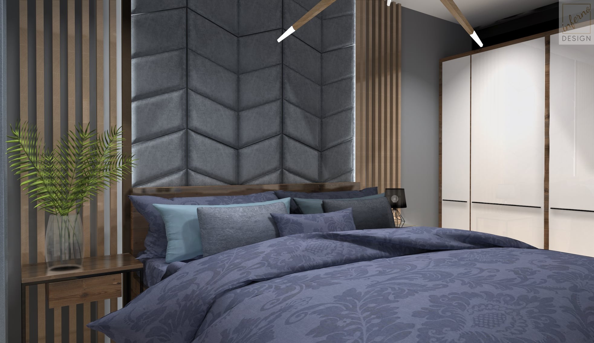 Nowoczesna sypialnia z łóżkiem w odcieniach szarości i błękitu, tapicerowanym zagłówkiem w geometryczny wzór, drewnianymi lamelami na ścianie i minimalistyczną szafą z białymi frontami.