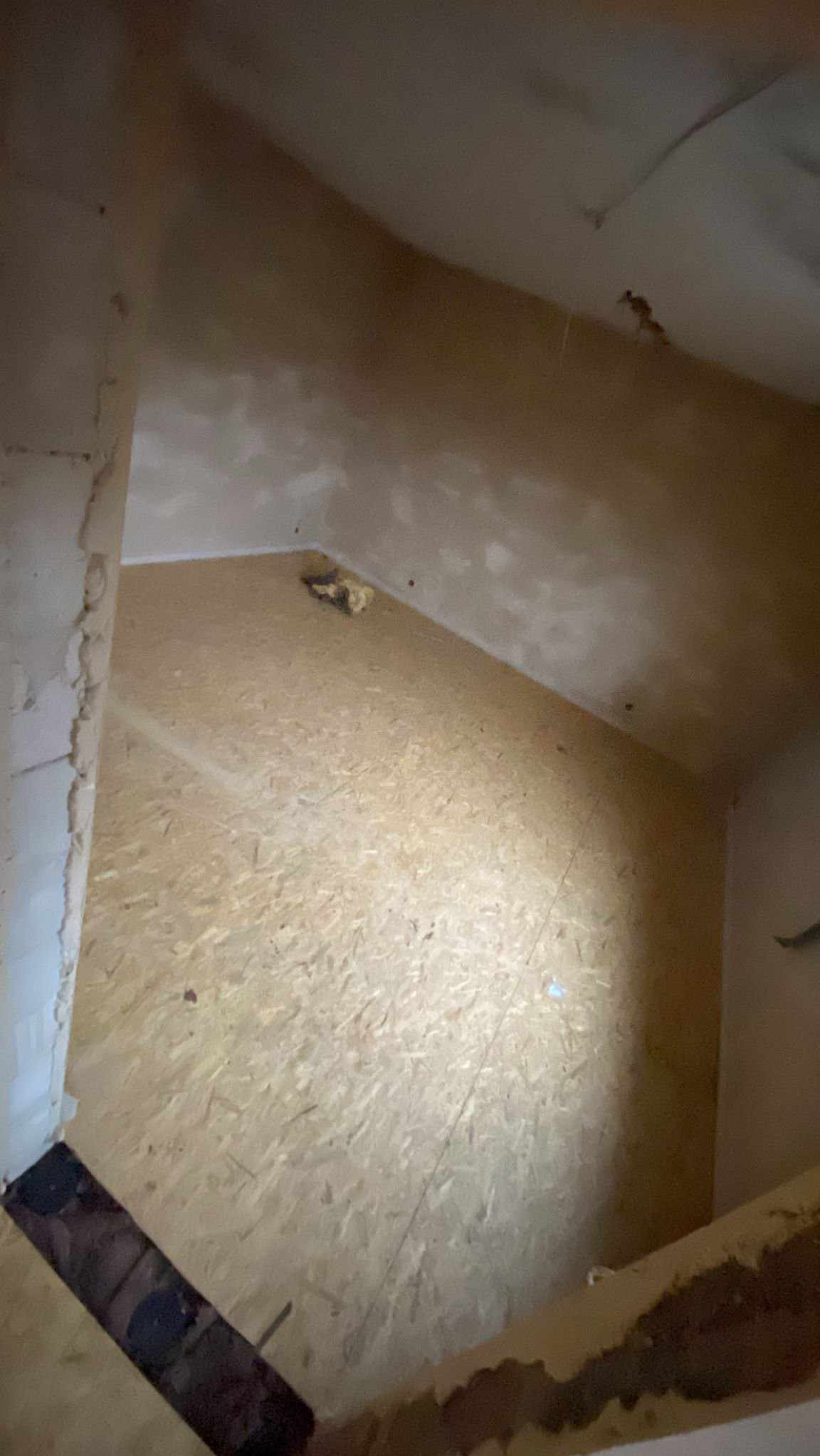 Poddasze z izolacją z płyty OSB, widoczne niedoskonałości ścian i sufitu, wstępny etap prac wykończeniowych.