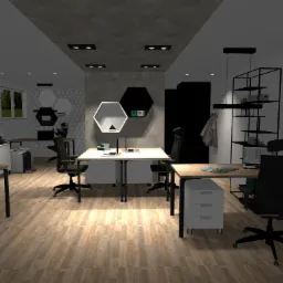 Wizualizacja nowoczesnego biura z drewnianą podłogą, minimalistycznymi biurkami i krzesłami obrotowymi, oświetlenie punktowe i wiszące lampy, dekoracyjne półki w kształcie sześciokątów na ścianie.