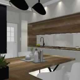 Wizualizacja nowoczesnej kuchni z drewnianym blatem, czarnymi szafkami, białymi krzesłami i dekoracyjną rośliną w doniczce na stole.