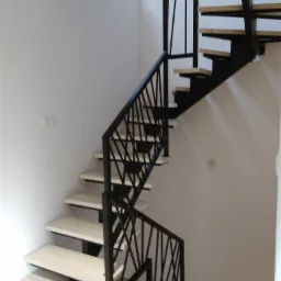 Nowoczesne schody z drewnianymi stopniami i czarną, geometryczną balustradą, oświetlenie punktowe na podeście.