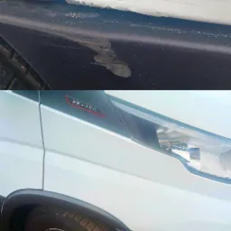 Porównanie stanu karoserii samochodu dostawczego przed i po naprawie blacharsko-lakierniczej; widoczne odpryski lakieru na dolnej części nadwozia przed naprawą oraz gładka, odnowiona powierzchnia po.