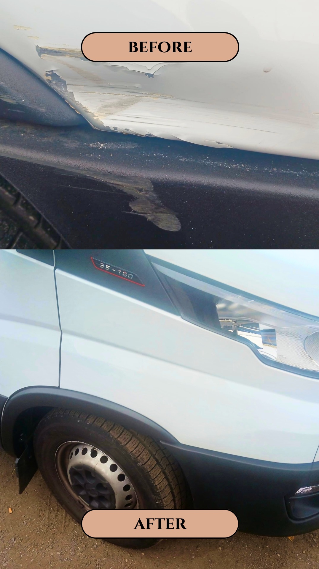 Porównanie stanu karoserii samochodu dostawczego przed i po naprawie blacharsko-lakierniczej; widoczne odpryski lakieru na dolnej części nadwozia przed naprawą oraz gładka, odnowiona powierzchnia po.