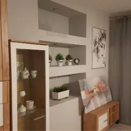 Nowoczesny salon z drewnianą zabudową meblową, szklaną witryną, wnękami w ścianie z dekoracjami i obrazami, oświetlony wiszącą lampą.