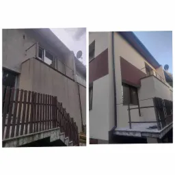 Porównanie elewacji domu przed i po malowaniu w Kalej, z elementami dekoracyjnymi w kolorze brązowym.