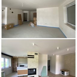 Michał Worobiej - Dwuczęściowe zdjęcie przedstawia remontowane wnętrze: górna część to surowy stan z niepomalowanymi ścianami i zabezpieczoną podłogą, dolna część ukazuje wykończony salon z parkietem w jodełkę...