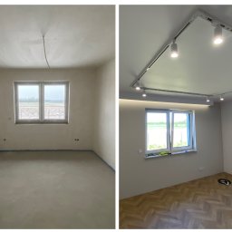 Michał Worobiej - Porównanie pokoju przed i po: surowy stan z nieotynkowanymi ścianami i betonową podłogą kontra wykończone wnętrze z parkietem w jodełkę i nowoczesnym oświetleniem szynowym.