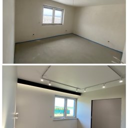 Michał Worobiej - Porównanie stanu pokoju przed i po: surowy wylewany beton zabezpieczony taśmą malarską, a następnie wykończony parkietem w jodełkę, pomalowane ściany i zamontowane oświetlenie szynowe.