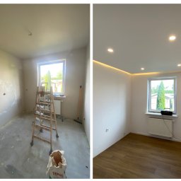 Michał Worobiej - Porównanie pokoju przed i po remoncie: od surowych ścian z widocznymi śladami po gładzi, przez drabina oparta o okno, do wykończonego wnętrza z drewnianą podłogą, oświetleniem LED i gładkimi ścianami.