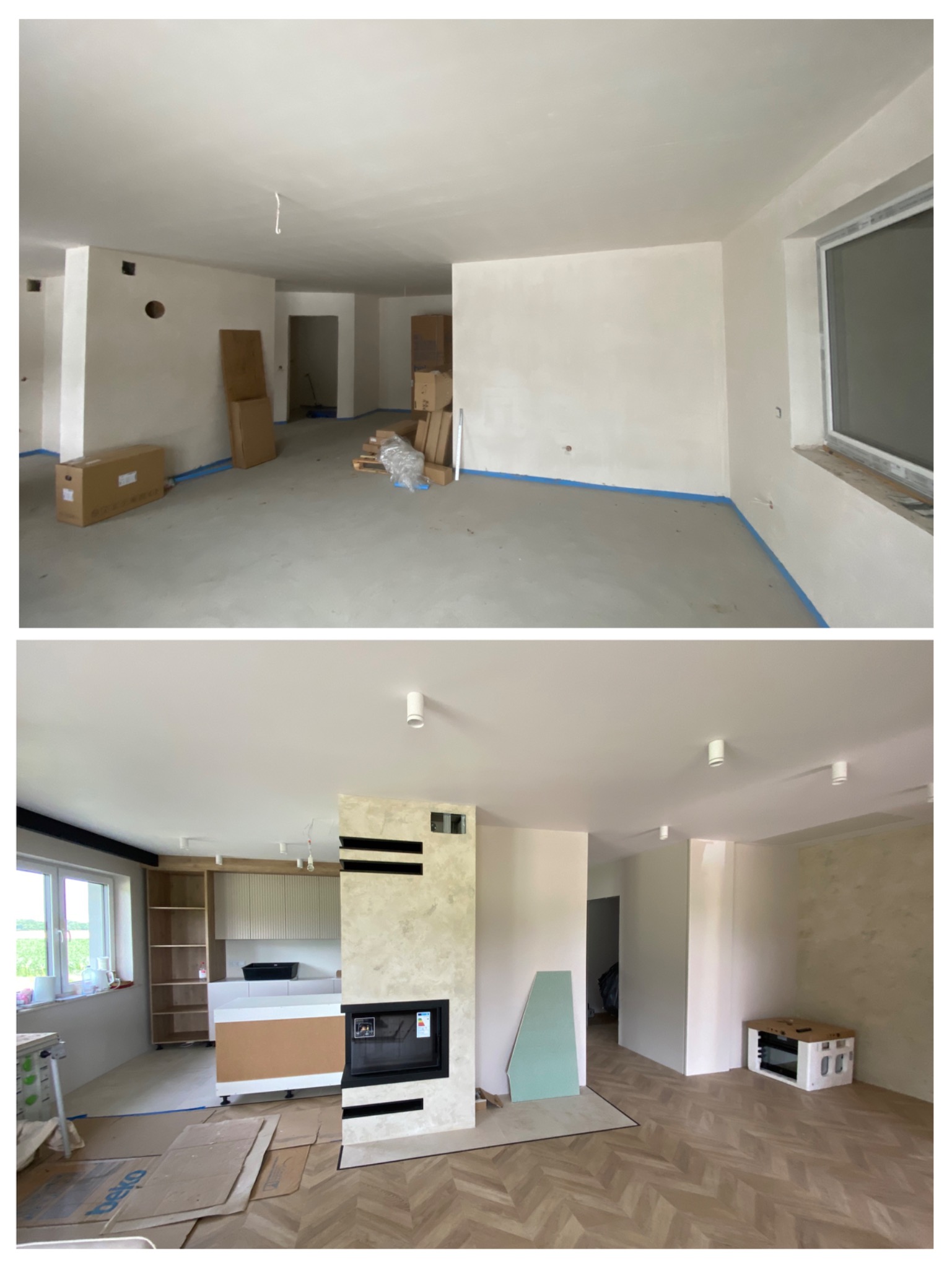Dwuczęściowe zdjęcie przedstawia remontowane wnętrze: górna część to surowy stan z niepomalowanymi ścianami i zabezpieczoną podłogą, dolna część ukazuje wykończony salon z parkietem w jodełkę...