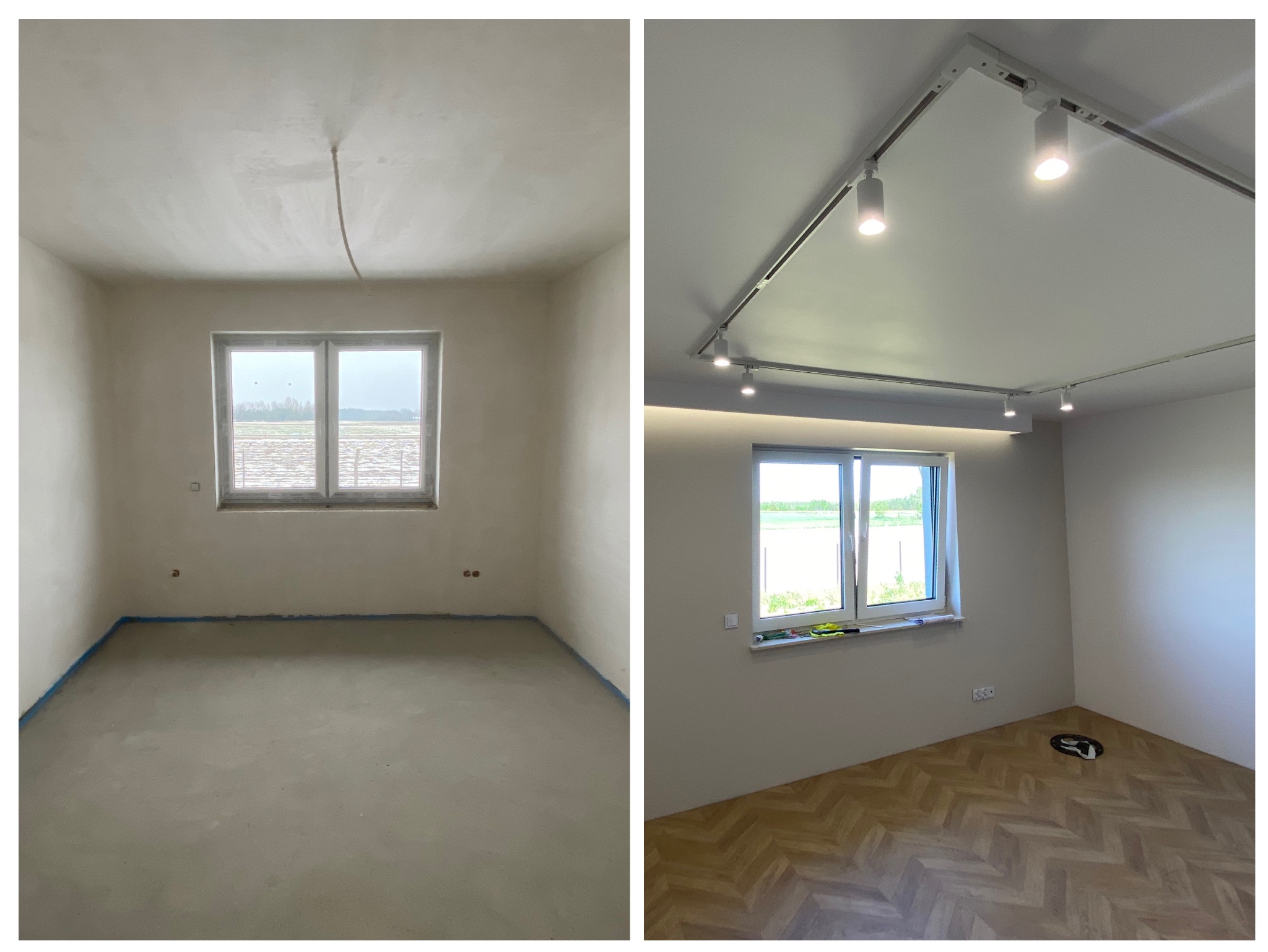 Porównanie pokoju przed i po: surowy stan z nieotynkowanymi ścianami i betonową podłogą kontra wykończone wnętrze z parkietem w jodełkę i nowoczesnym oświetleniem szynowym.