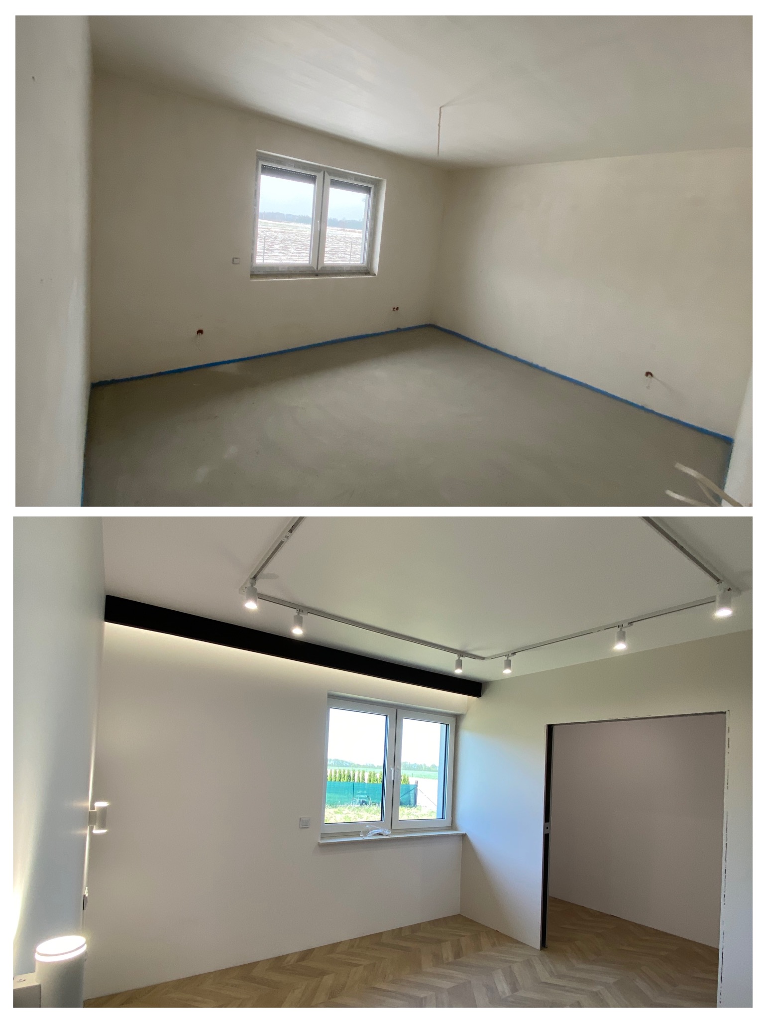 Porównanie stanu pokoju przed i po: surowy wylewany beton zabezpieczony taśmą malarską, a następnie wykończony parkietem w jodełkę, pomalowane ściany i zamontowane oświetlenie szynowe.